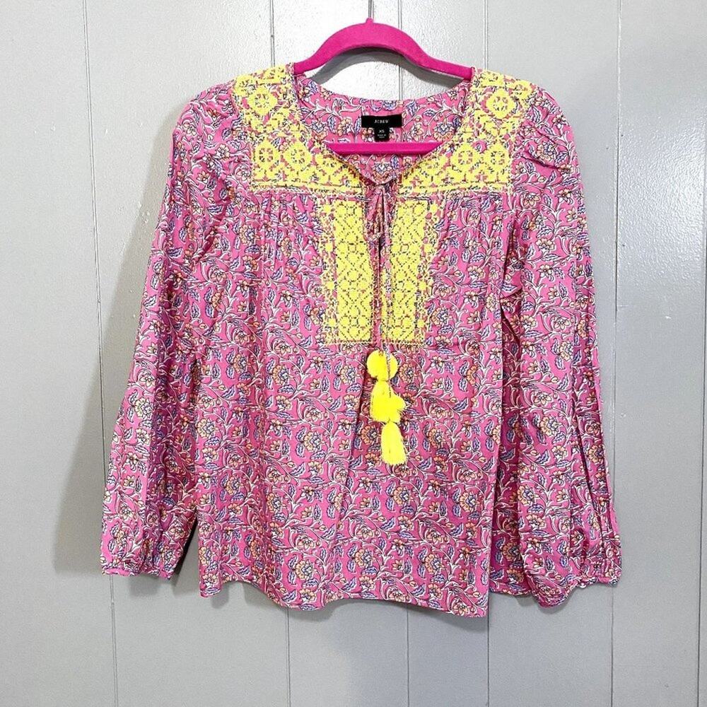NEW J. Crew Pink Orange Multi Embroidered Cotton Voile Top in Block Print XS